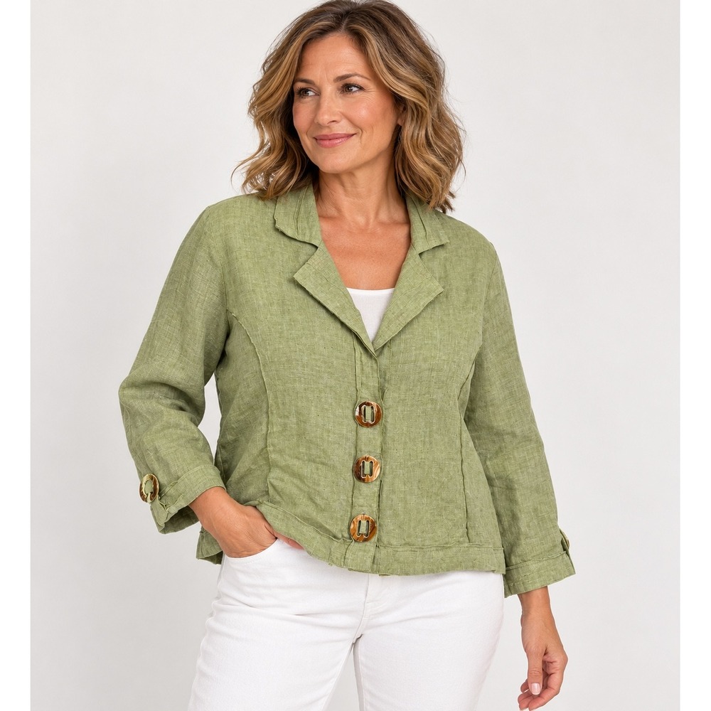 Habitat Linen Jacket Womens XL Green Button Front Notched Lapel 2214
